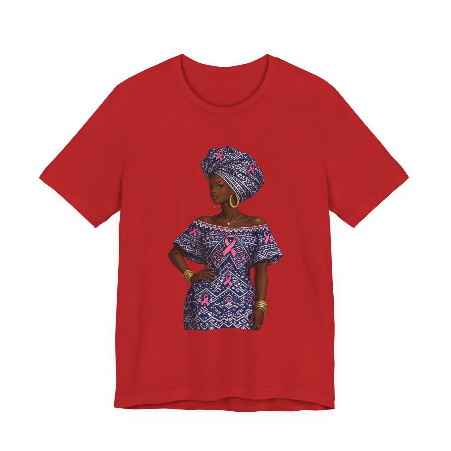 African Woman with Pink Breast Cancer Ribbon T-Shirt | Headwrap Ankara Design