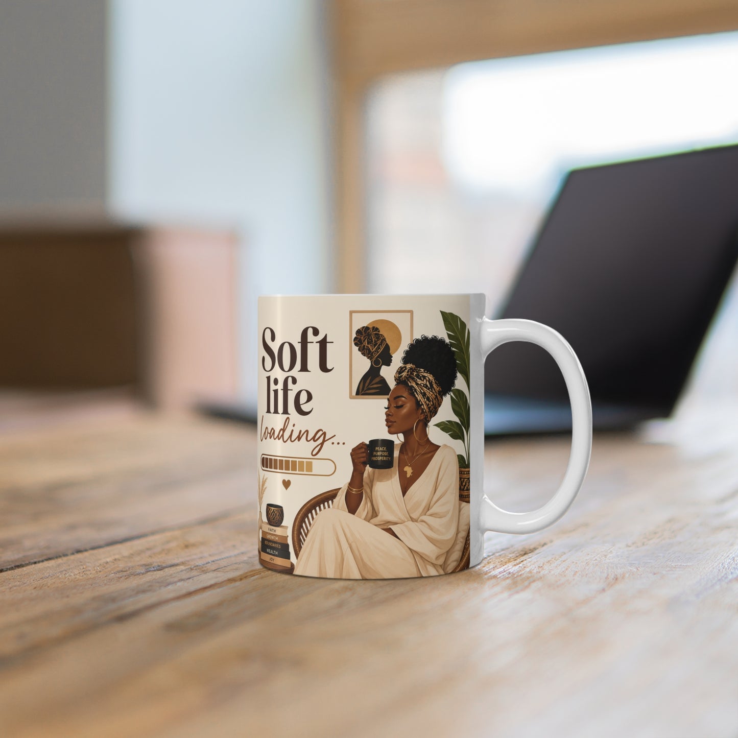 Soft Life Loading Coffee Mug — Cozy Afrocentric Relaxation Gift
