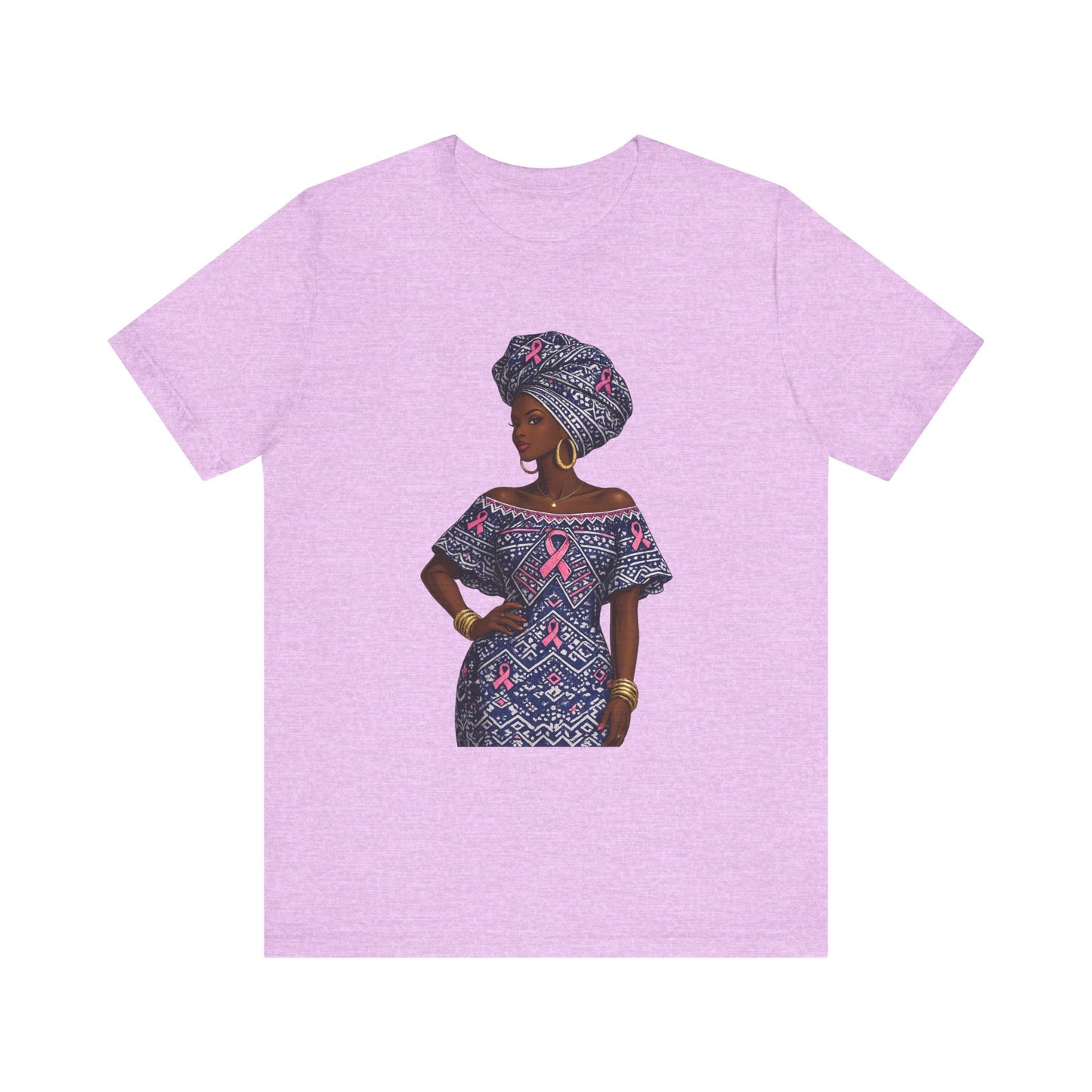 African Woman with Pink Breast Cancer Ribbon T-Shirt | Headwrap Ankara Design