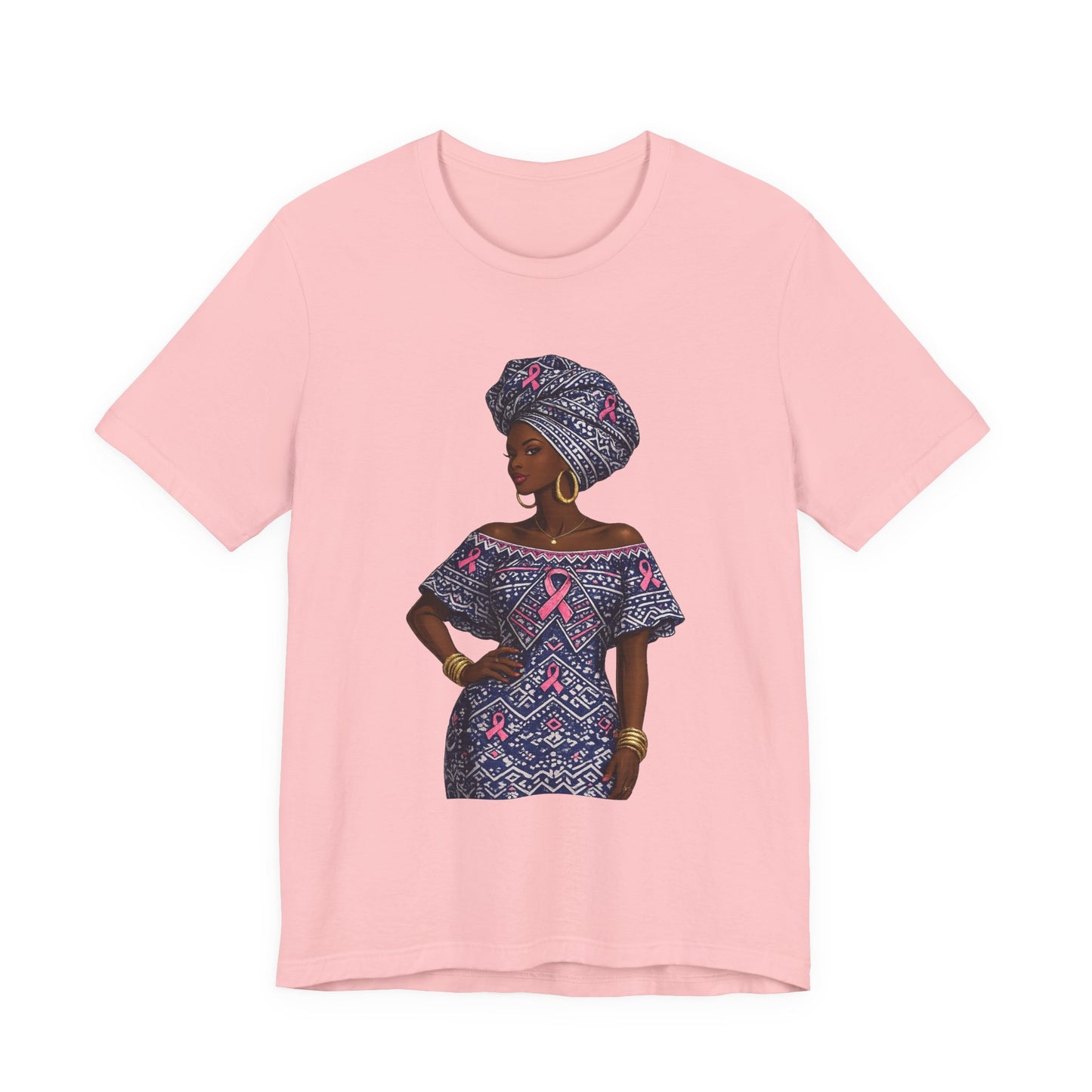 African Woman with Pink Breast Cancer Ribbon T-Shirt | Headwrap Ankara Design