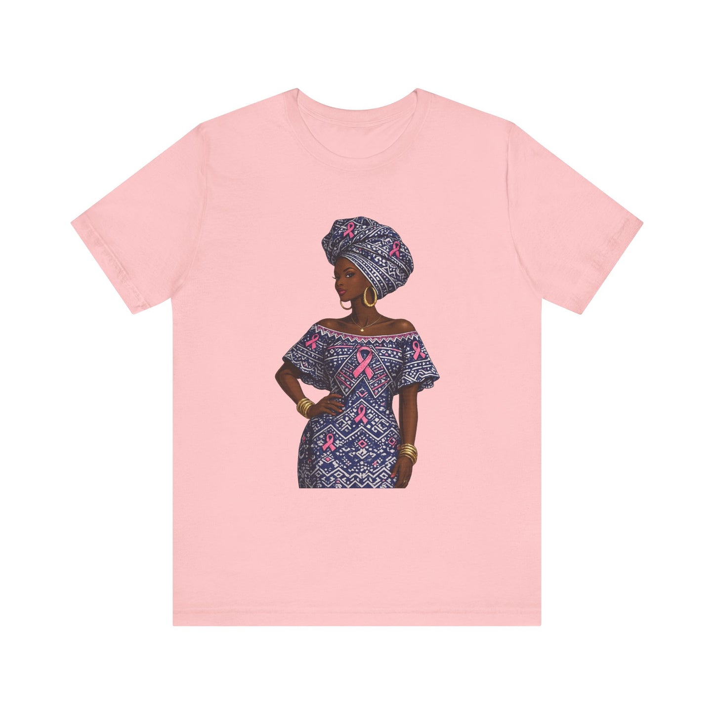 African Woman with Pink Breast Cancer Ribbon T-Shirt | Headwrap Ankara Design