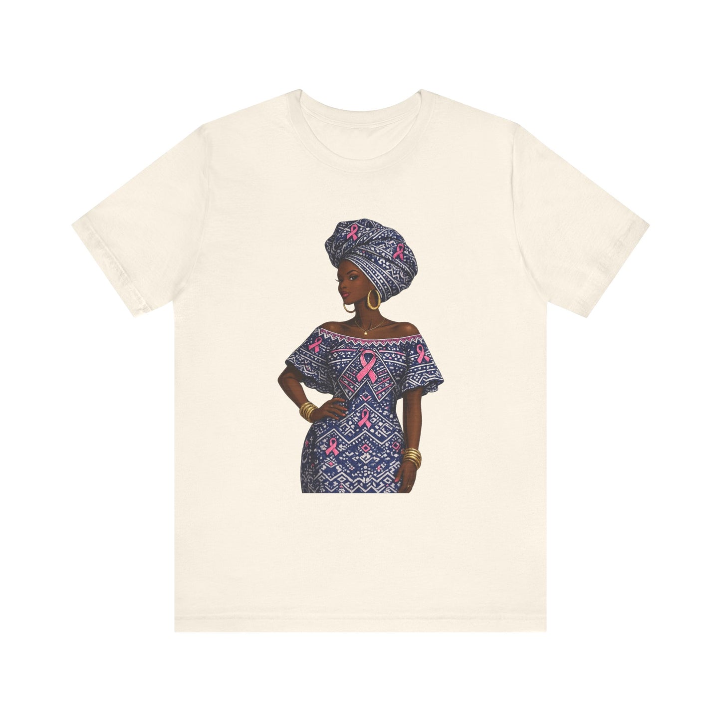 African Woman with Pink Breast Cancer Ribbon T-Shirt | Headwrap Ankara Design