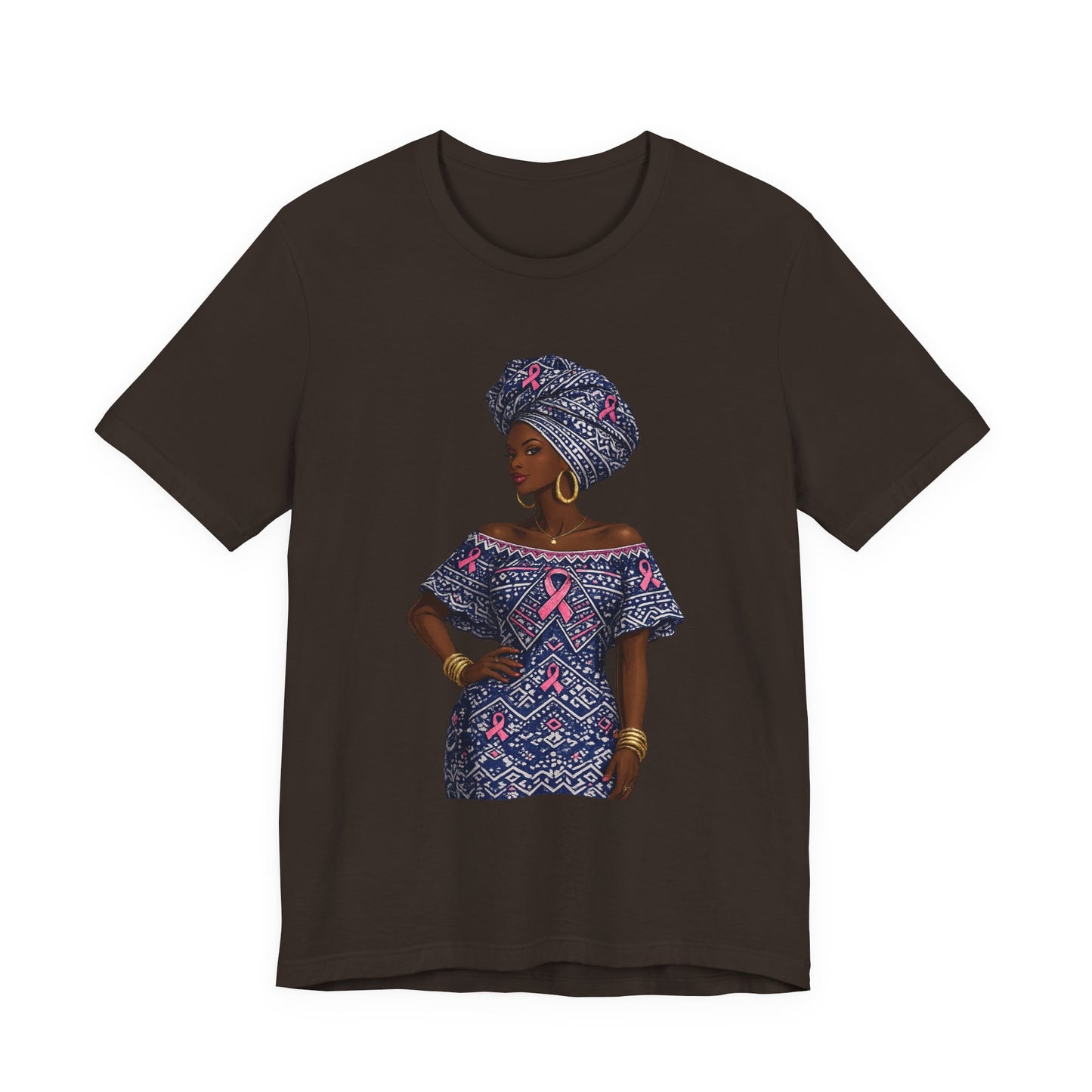 African Woman with Pink Breast Cancer Ribbon T-Shirt | Headwrap Ankara Design