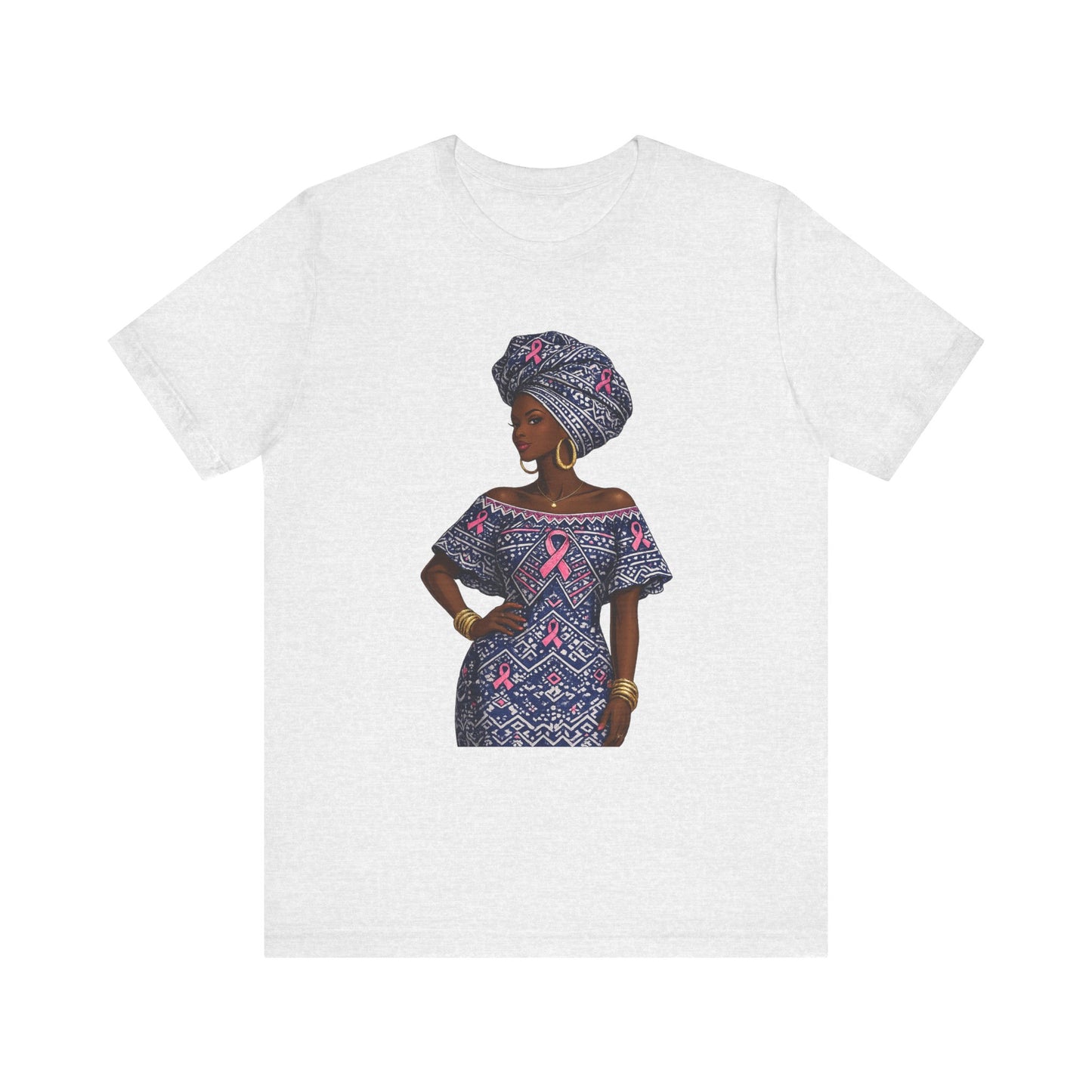 African Woman with Pink Breast Cancer Ribbon T-Shirt | Headwrap Ankara Design