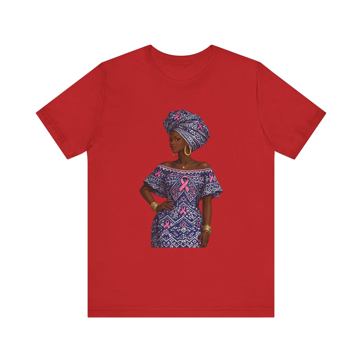 African Woman with Pink Breast Cancer Ribbon T-Shirt | Headwrap Ankara Design