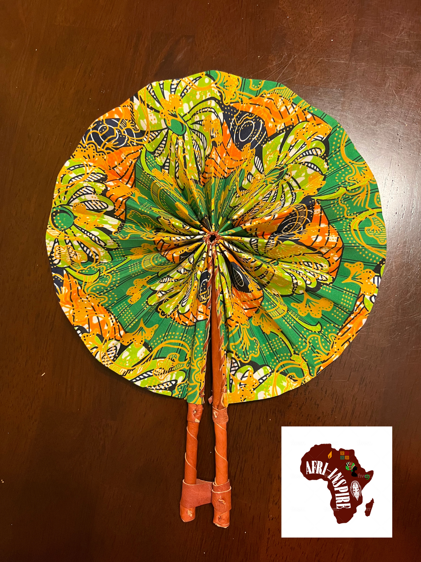 Green and Orange Leather Fan