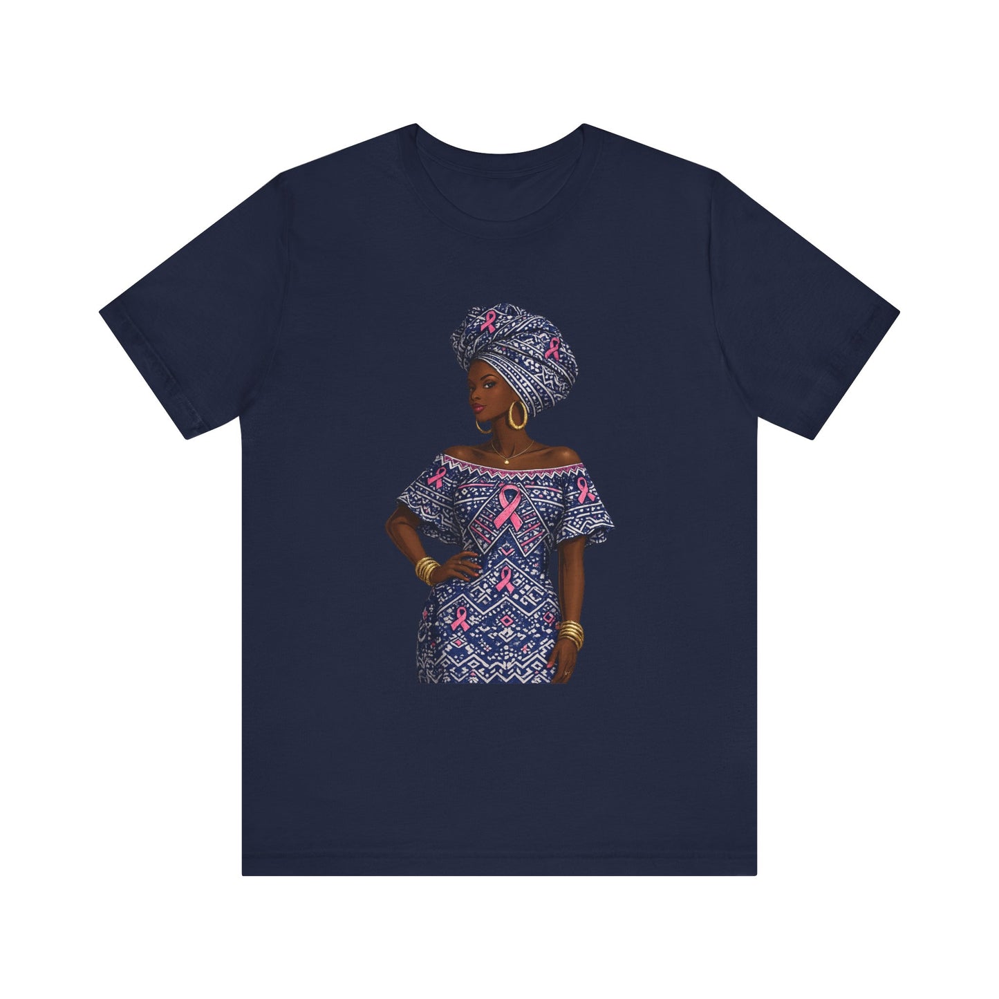 African Woman with Pink Breast Cancer Ribbon T-Shirt | Headwrap Ankara Design