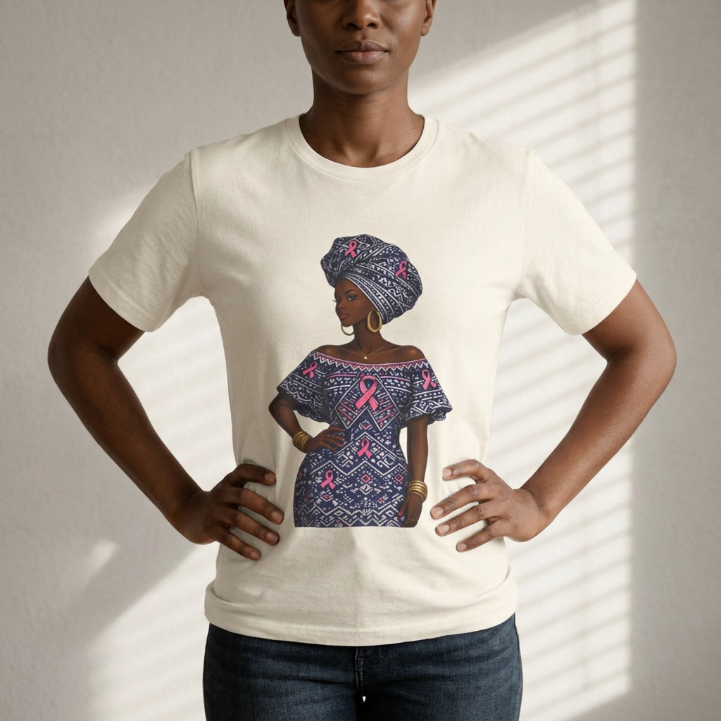 African Woman with Pink Breast Cancer Ribbon T-Shirt | Headwrap Ankara Design