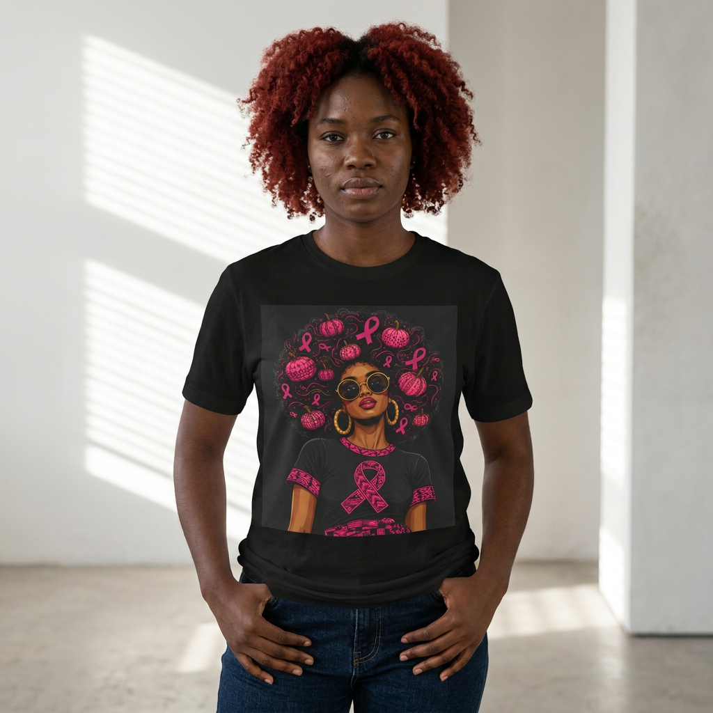 Afro Woman with Pink Breast Cancer Ribbons T-Shirt | Awareness Tee