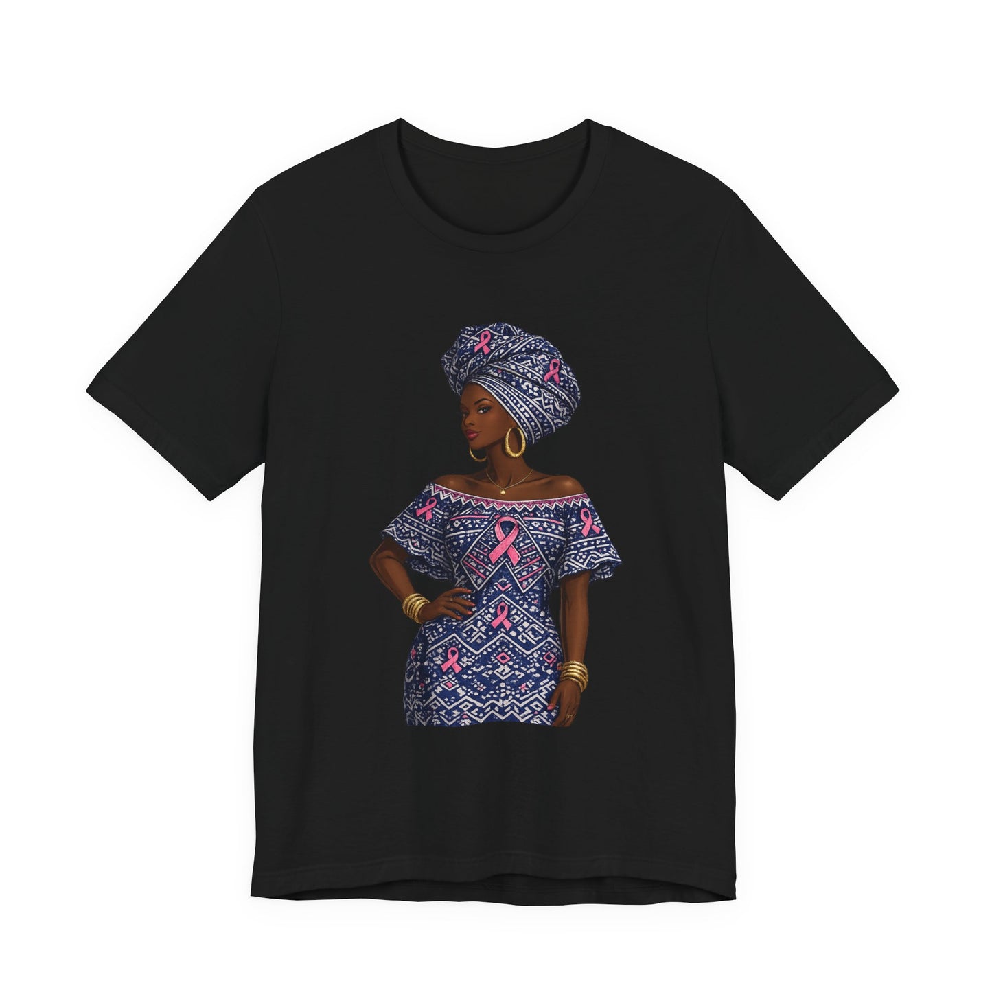 African Woman with Pink Breast Cancer Ribbon T-Shirt | Headwrap Ankara Design