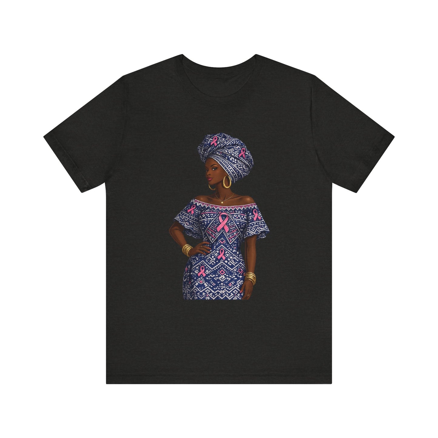 African Woman with Pink Breast Cancer Ribbon T-Shirt | Headwrap Ankara Design