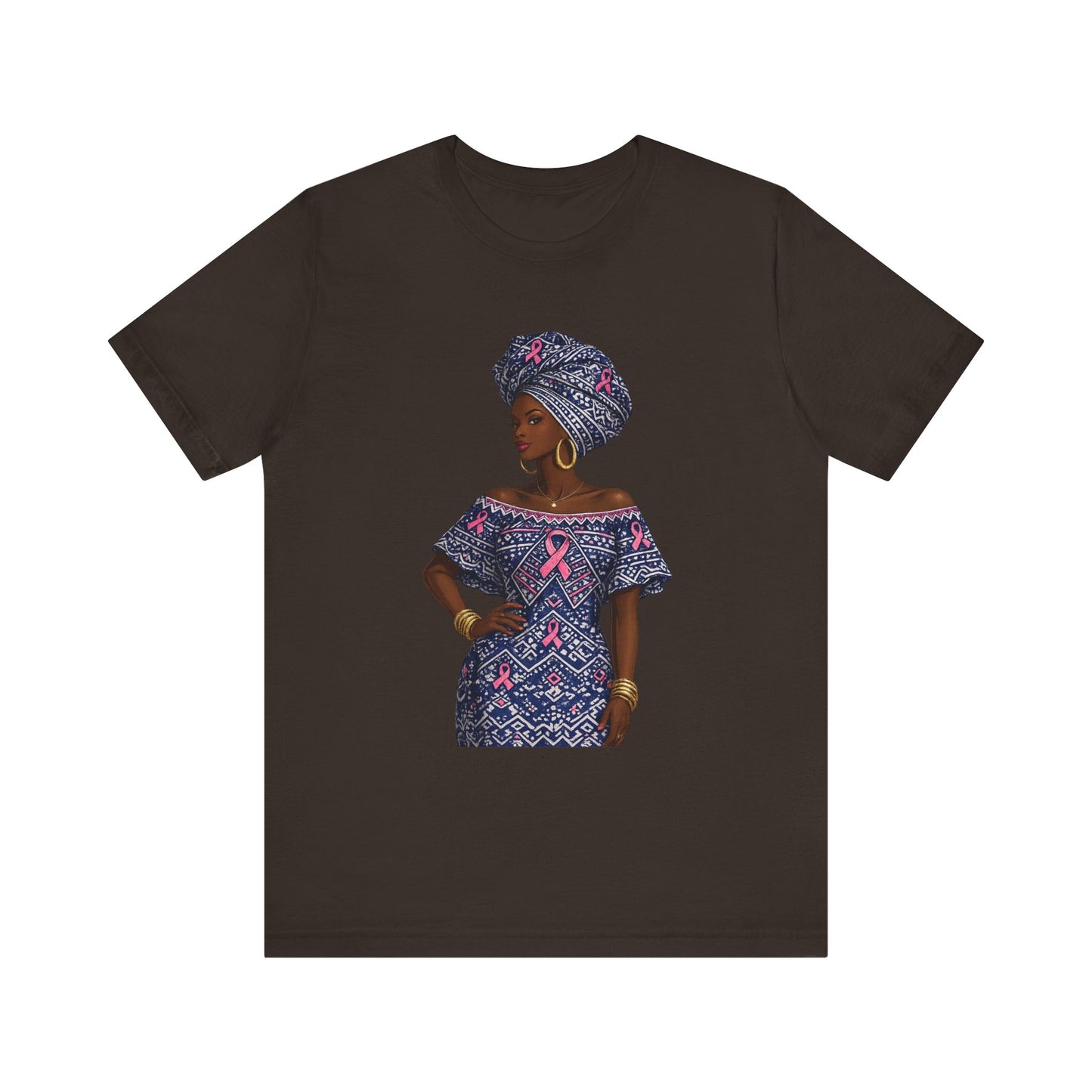 African Woman with Pink Breast Cancer Ribbon T-Shirt | Headwrap Ankara Design