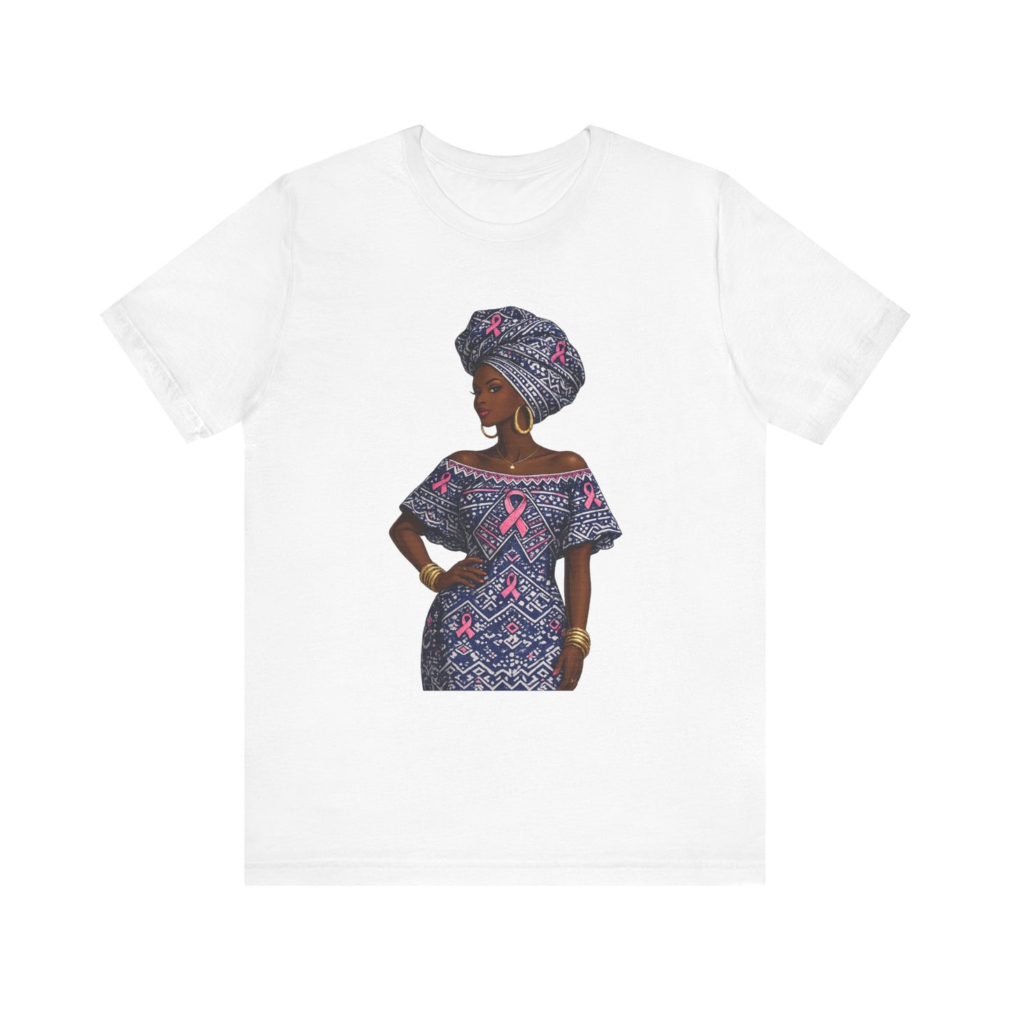 African Woman with Pink Breast Cancer Ribbon T-Shirt | Headwrap Ankara Design