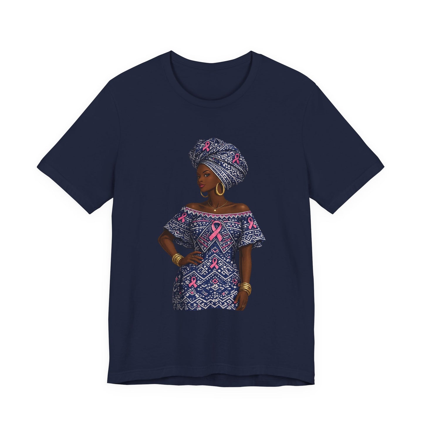 African Woman with Pink Breast Cancer Ribbon T-Shirt | Headwrap Ankara Design