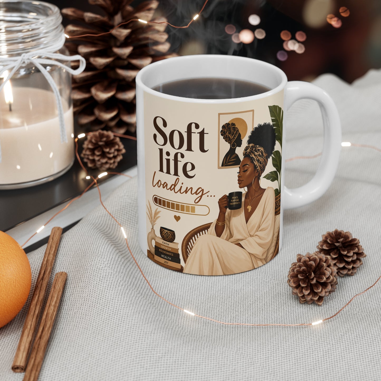 Soft Life Loading Coffee Mug — Cozy Afrocentric Relaxation Gift