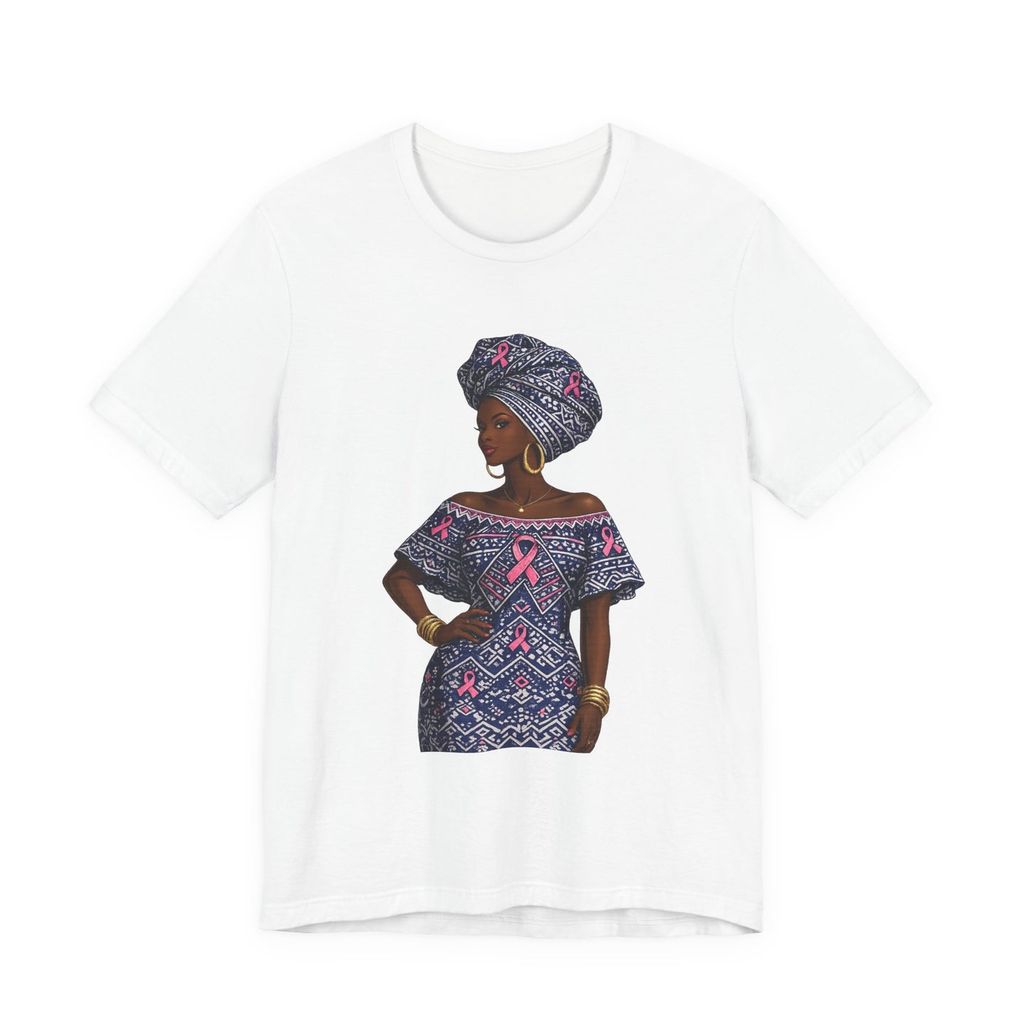 African Woman with Pink Breast Cancer Ribbon T-Shirt | Headwrap Ankara Design