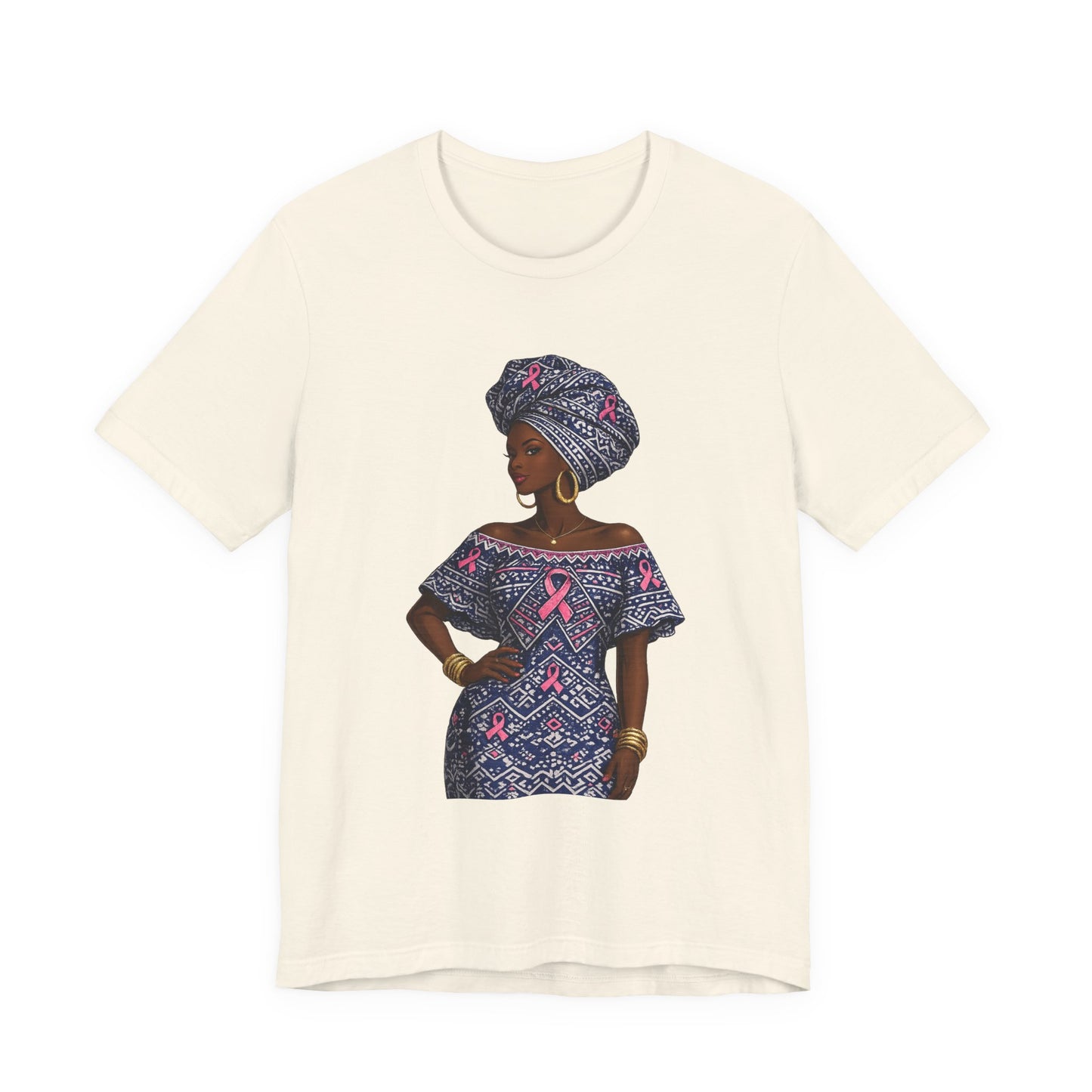 African Woman with Pink Breast Cancer Ribbon T-Shirt | Headwrap Ankara Design