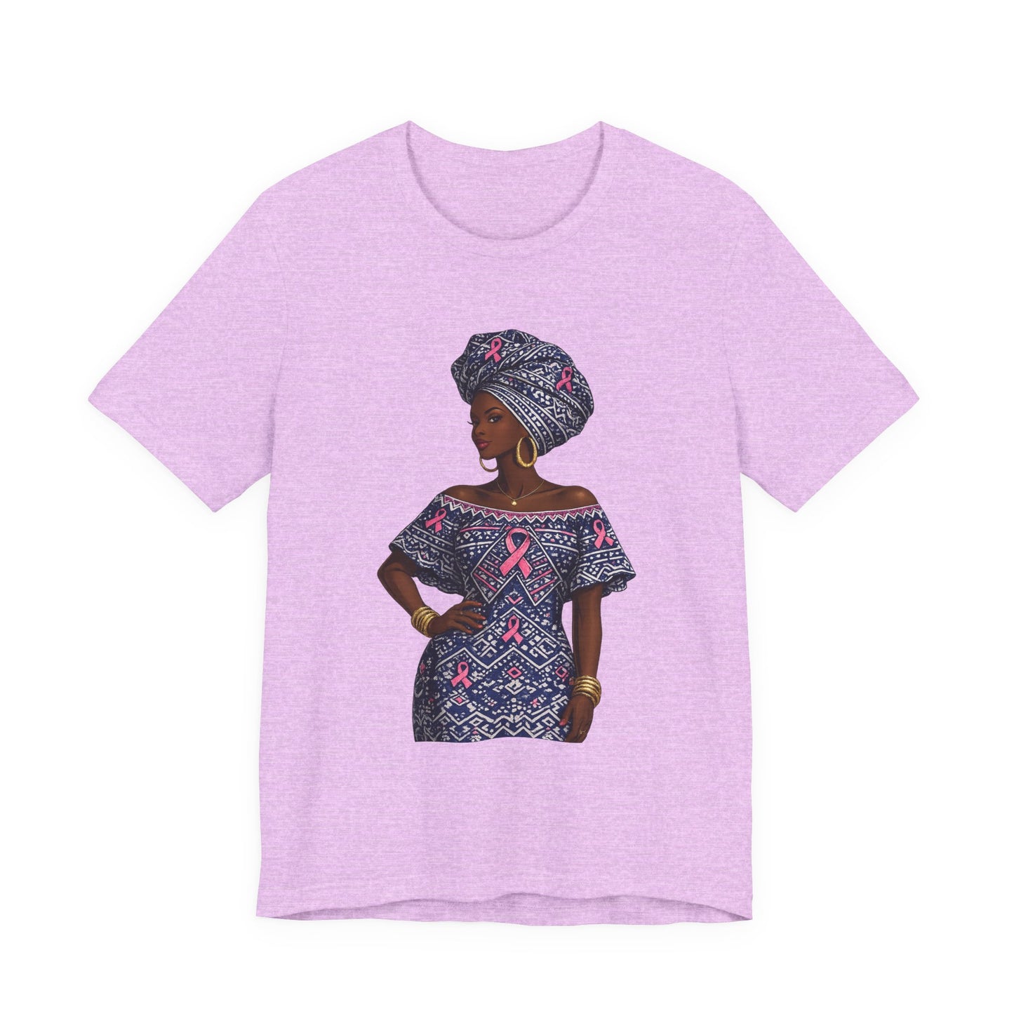 African Woman with Pink Breast Cancer Ribbon T-Shirt | Headwrap Ankara Design